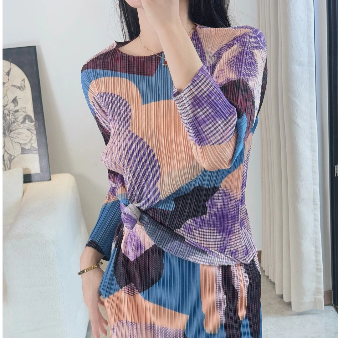 【褶二喜】艺术感印花褶皱套装裙女长袖气质显瘦圆领套头时尚百搭