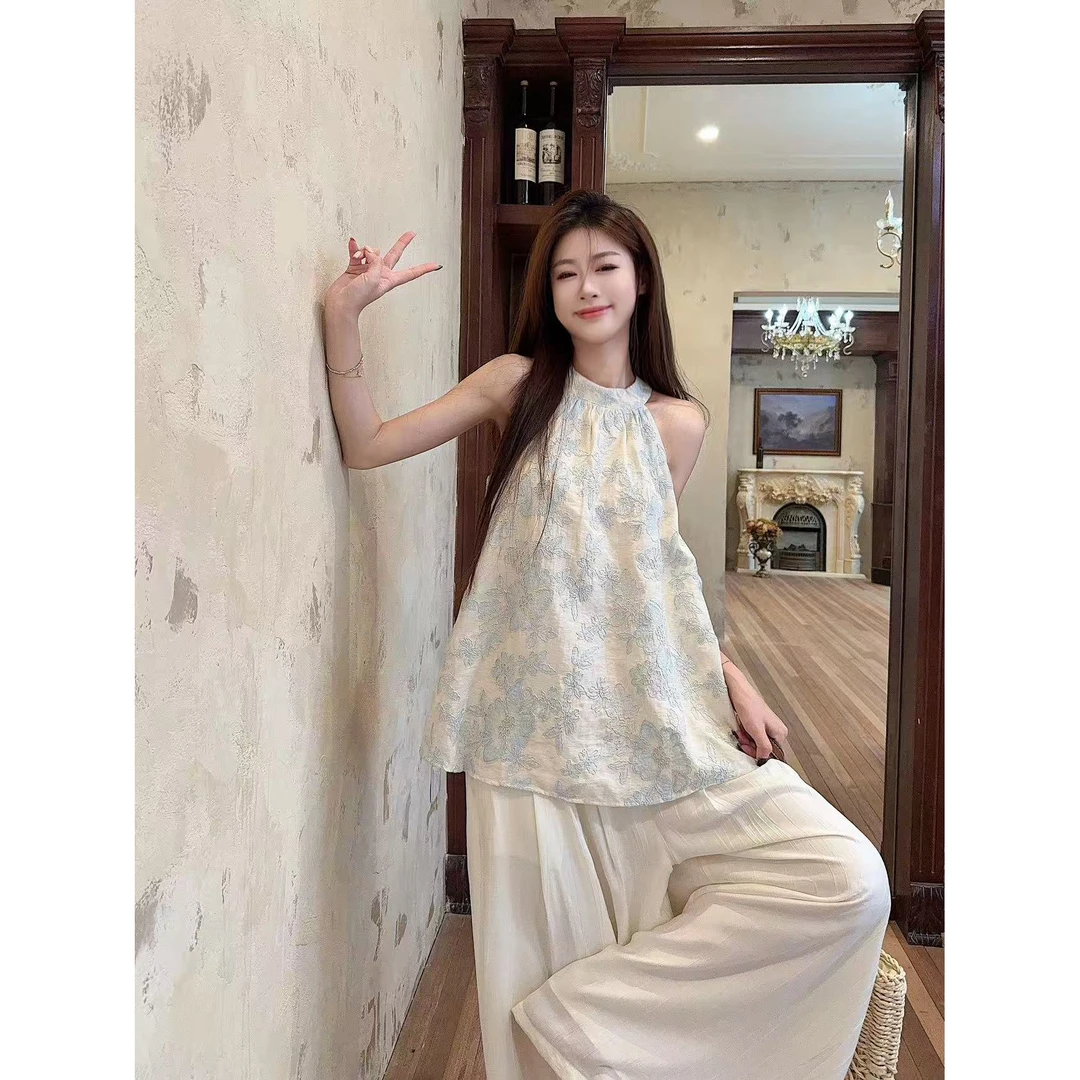 法式温柔风露锁骨提花挂脖背心套装女松弛感宽松休闲阔腿裤两件套