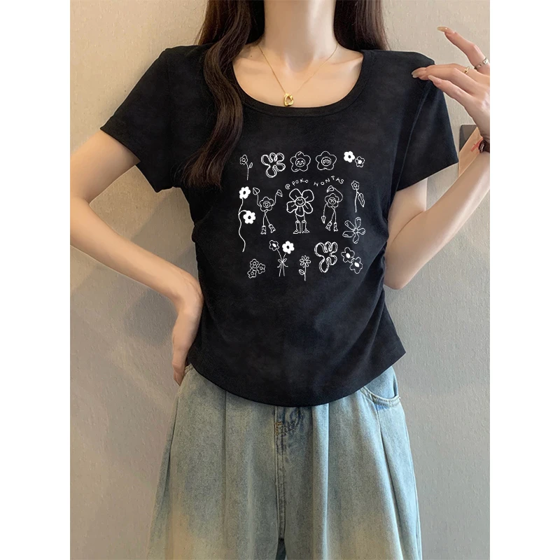 美式扎染方领正肩短袖t恤女夏2025新款洋气不规则收腰褶皱U领上衣