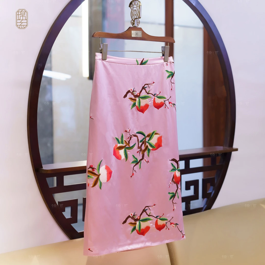 【锦系-新款】丝毛缎新中式国风桑蚕丝绣花后松紧腰半裙Q-382353