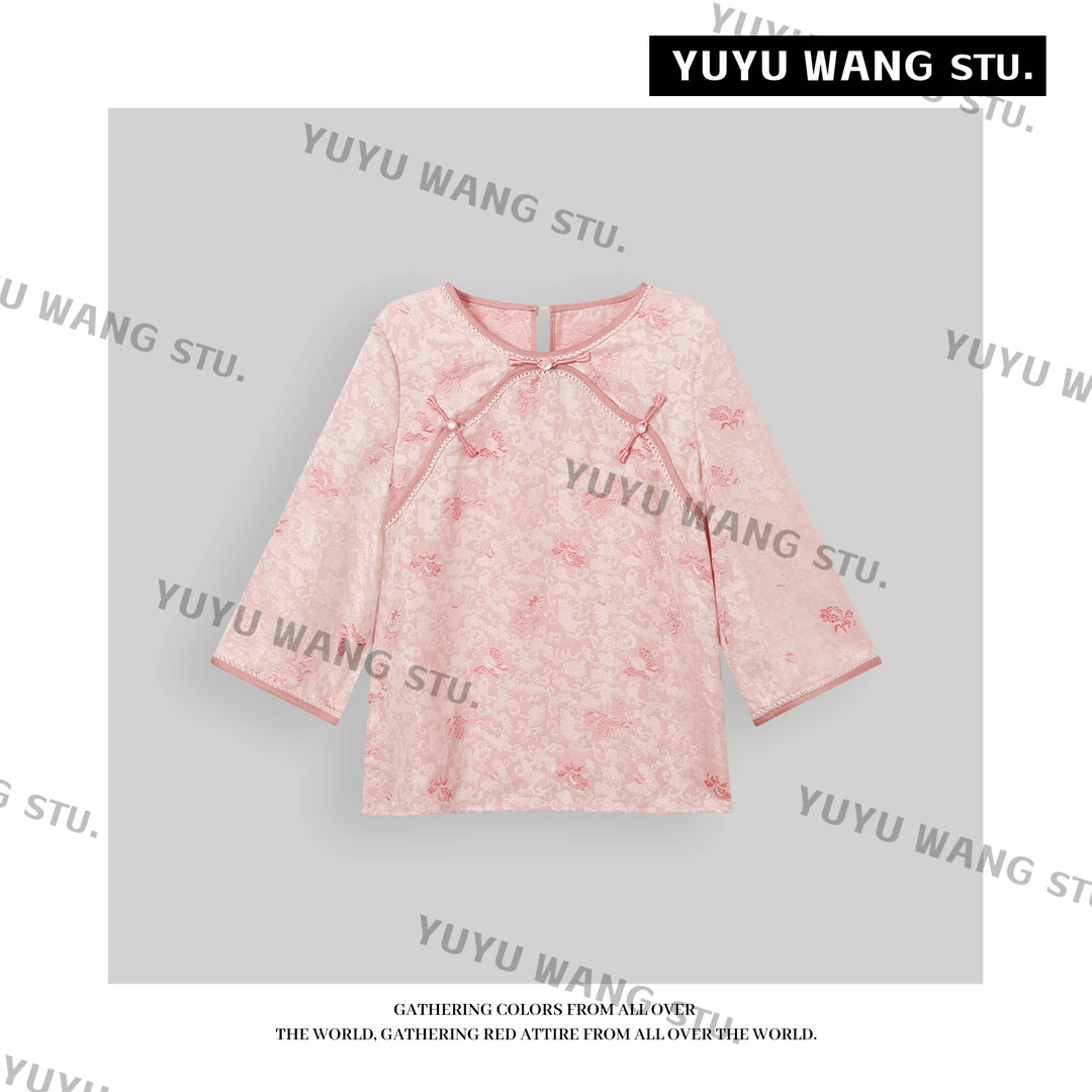 YUYU WANG【锦鲤】新中式国风长袖衬衫女夏新款盘扣提花七分袖上衣