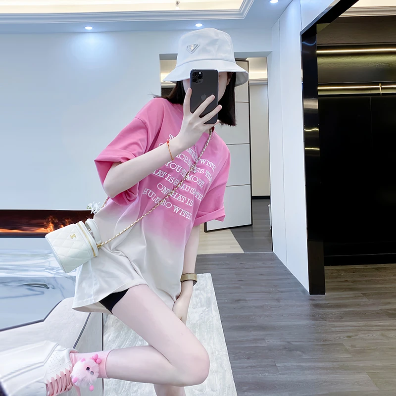 粉色短袖t恤女2025夏季新款lkj扎染宽松设计感小众宽松炸街上衣潮
