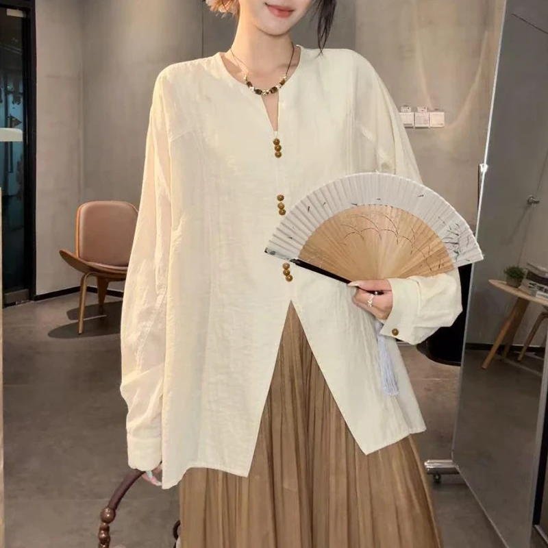 设计感复古纯色长袖衬衫女爆款2025秋季新款气质小众时尚百搭衬衣