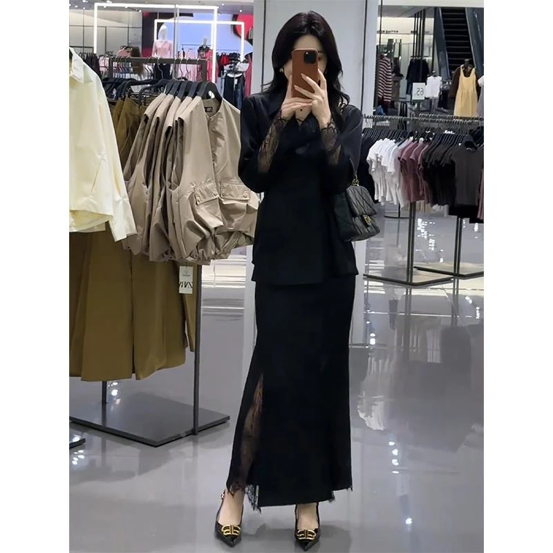 感蕾丝拼接黑色衬衫高腰半身裙两件套女春季轻奢穿搭一整套装