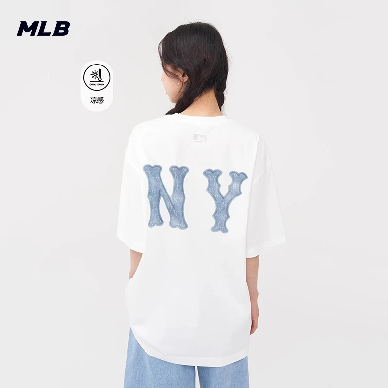 MLB男女情侣仿牛仔字母凉感百搭圆领短袖T恤潮流时尚2025春夏新款