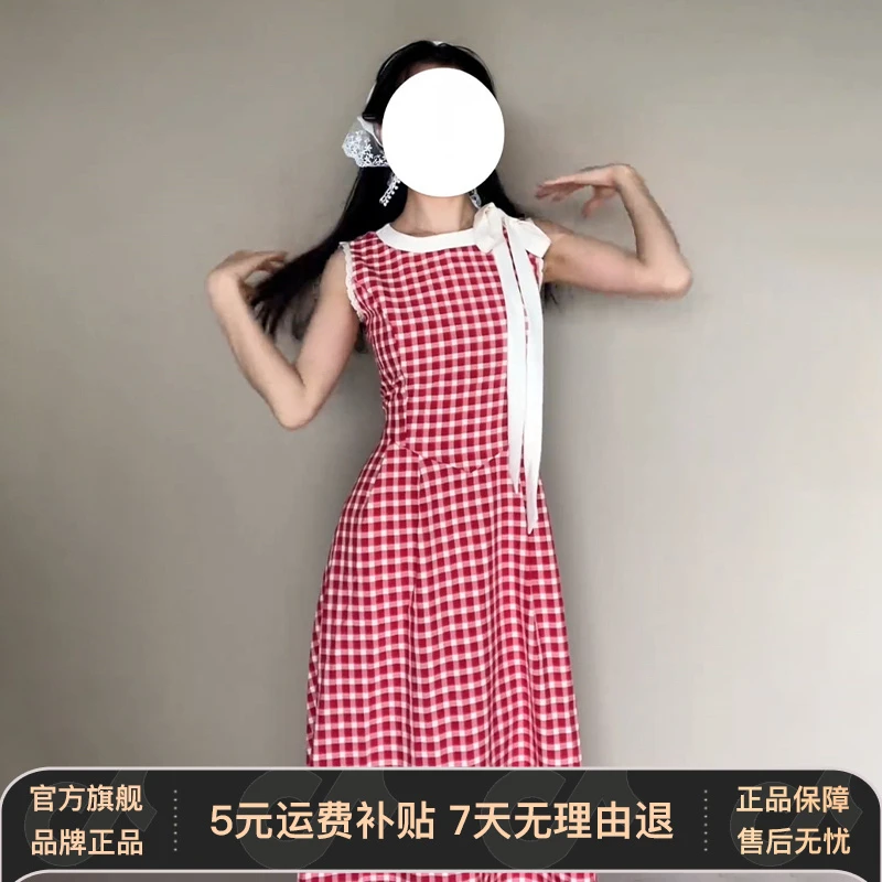 2025新款红色格子无袖连衣裙子女夏今年流行爆款气质收腰法式长裙
