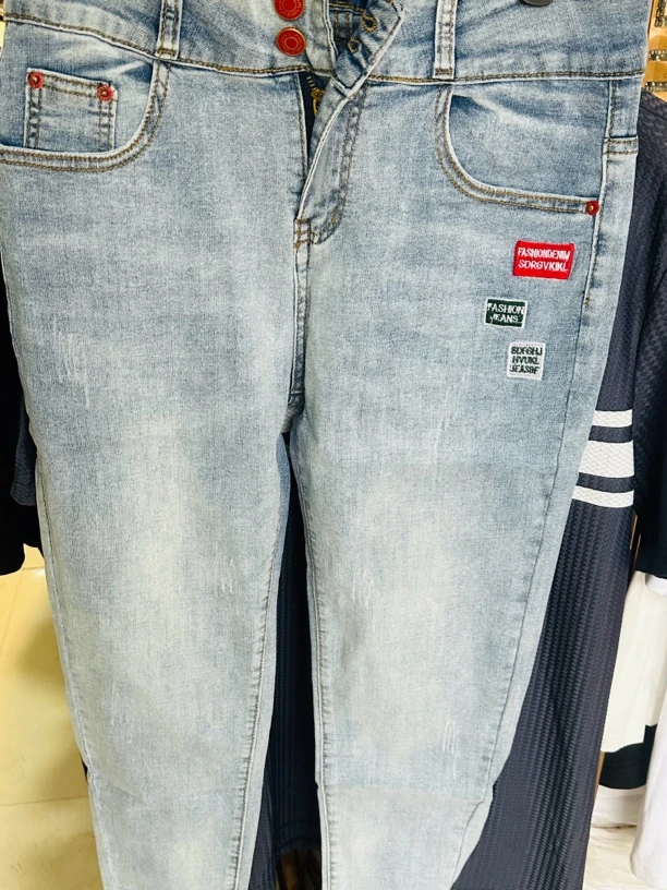 裤子牛仔裤破洞喷马骝九分薄款蓝色夏季小脚裤清冷系禅意衣服女