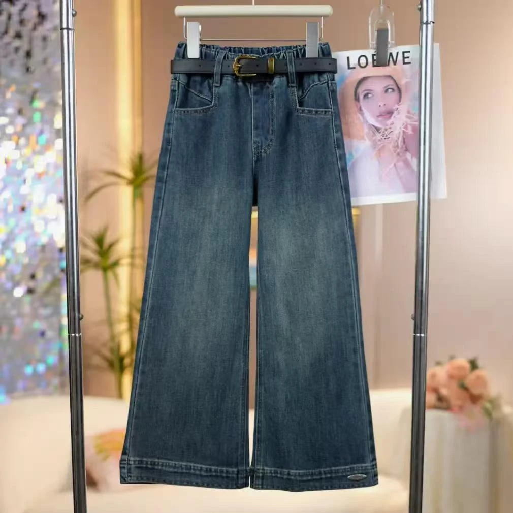 女童2025秋季新款设计口袋牛仔裤中大童时尚百搭儿童直筒阔腿裤子