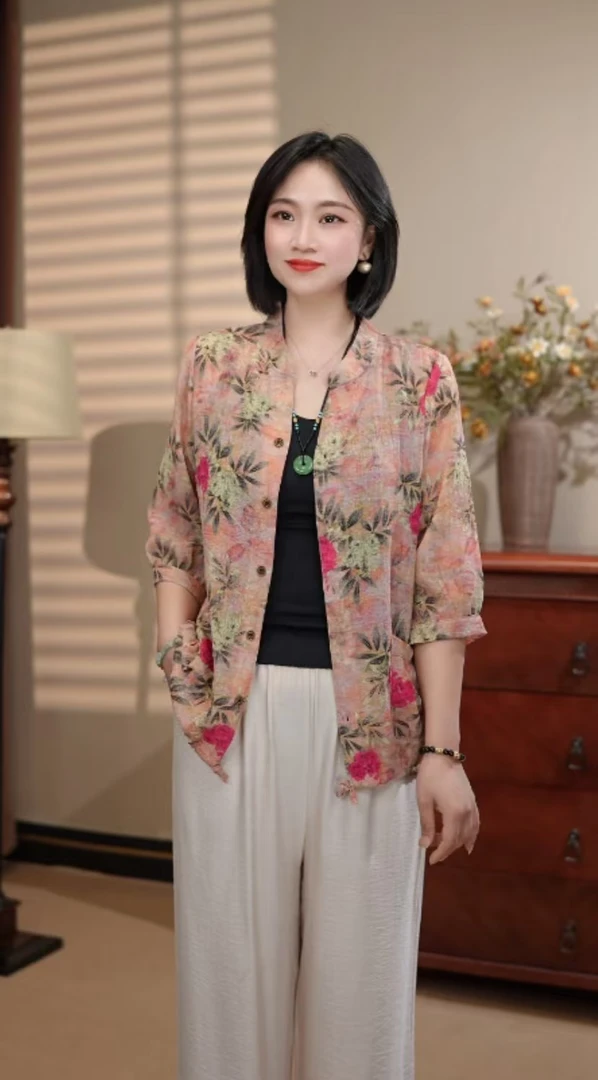 25夏季新粉霓裳印花七分袖显瘦中老年洋气妈妈装上衣开衫