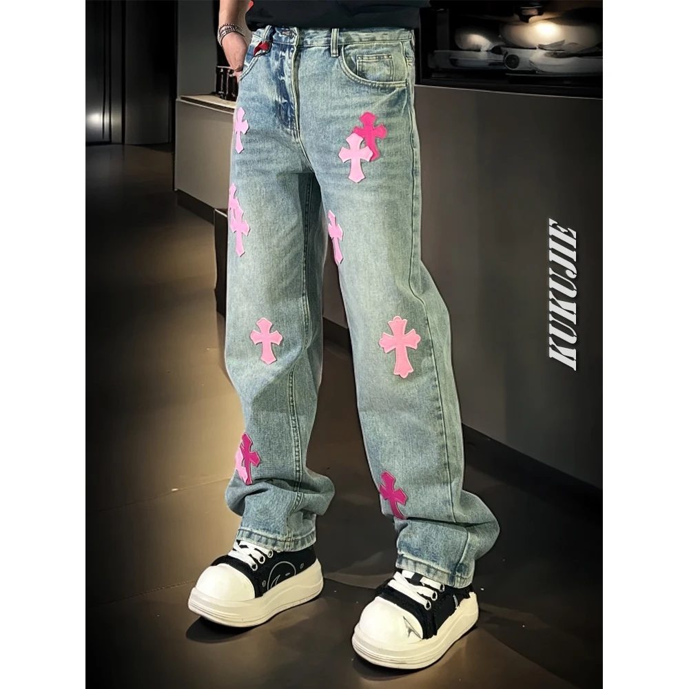 KKUJIE巴黎潮牌十字架刺绣牛仔裤男女高街个性宽松小直筒休闲长裤