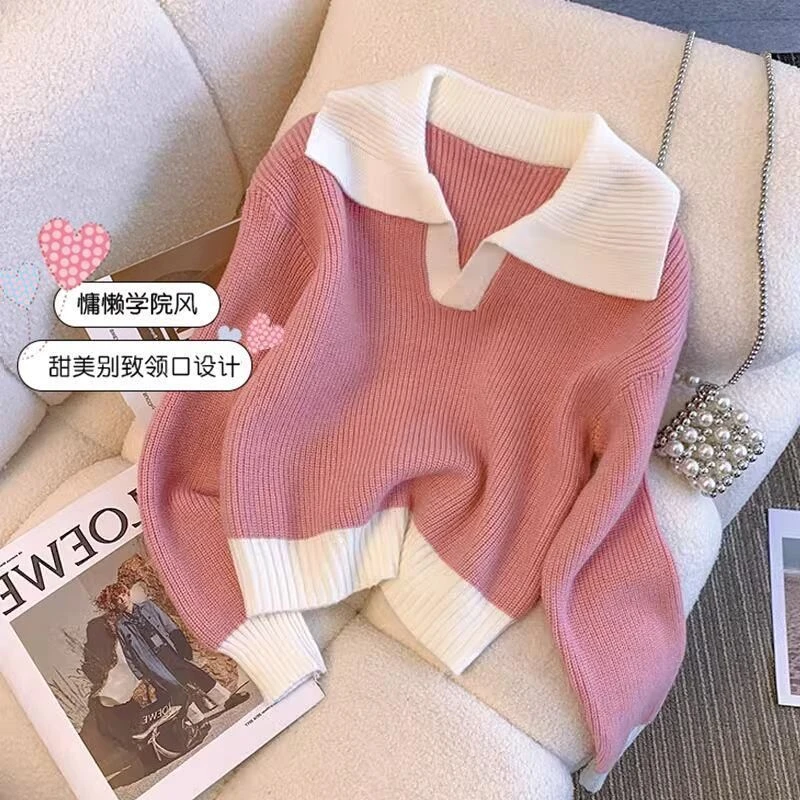 潦草猫秋冬新款宽松慵懒风甜美翻领针织毛衣女外穿学院风小个子