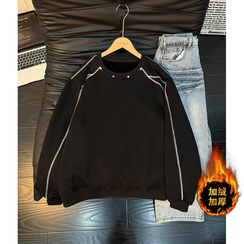 潮牌圆领领卫衣秋冬加绒重磅内搭打底衫圆领无帽慵懒情侣长袖t恤