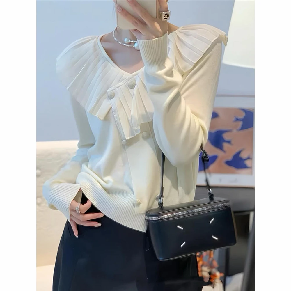 荷叶边V领长袖针织衫女早秋新款时尚高级感减龄洋气内搭打底上衣