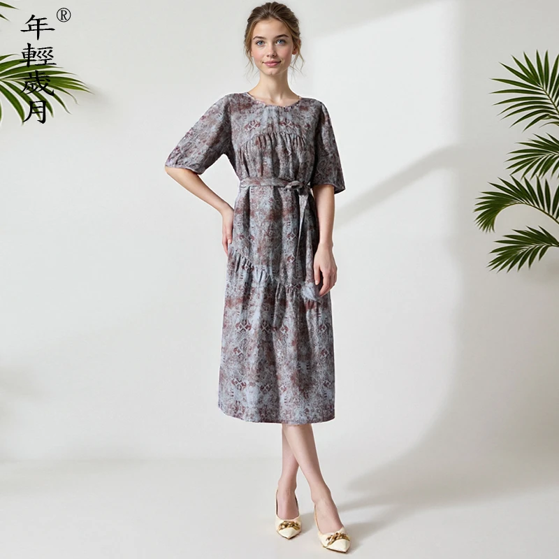 印花气质真丝裙子2025新款中长款宽松显瘦中年妈妈桑蚕丝连衣裙女
