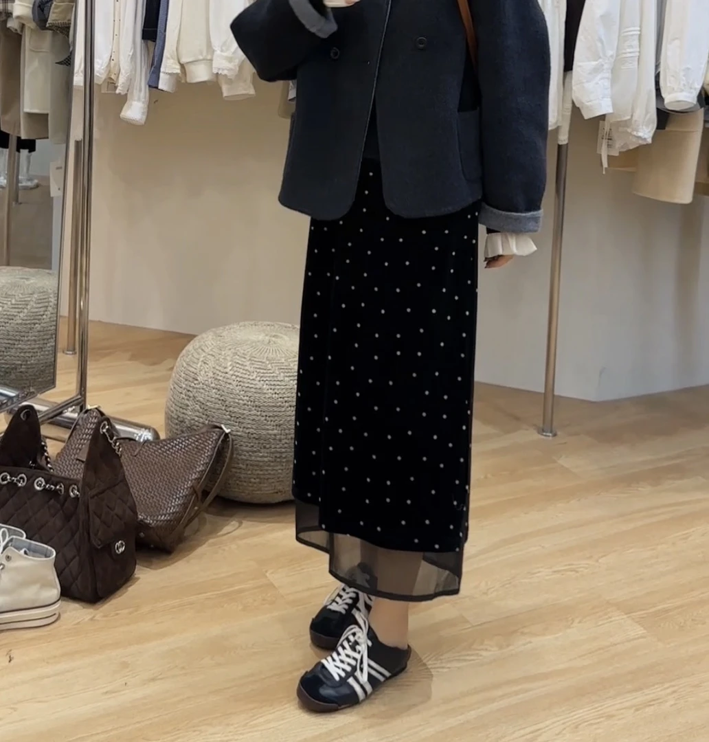 92122韩系梦幻波点丝绒半裙2025秋季新款丝绒半裙