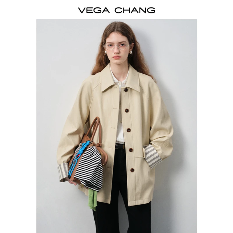 VEGA CHANG皮衣外套女2025秋翻领单排扣撞色条纹夹克外套0193LW