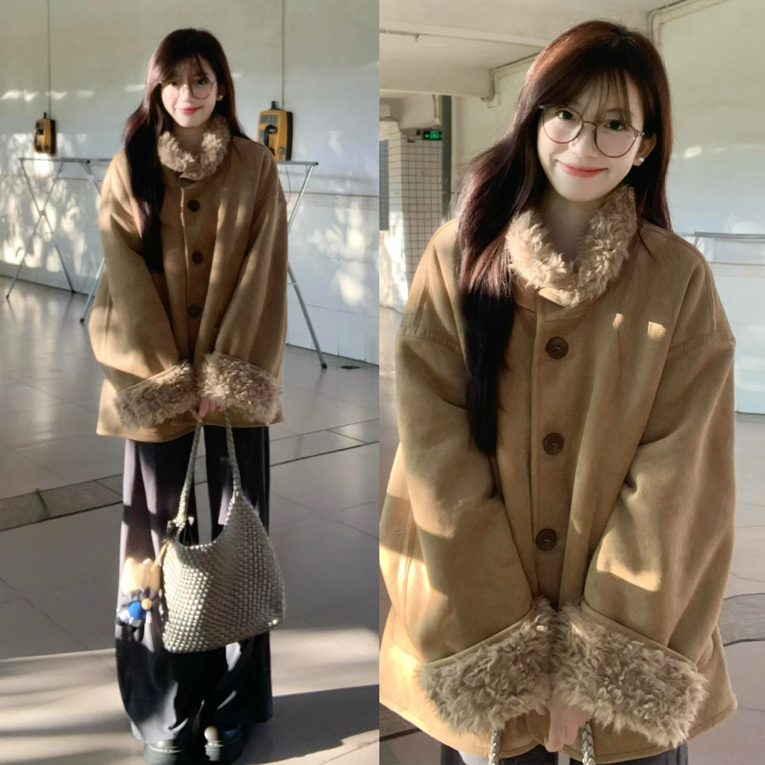 秋冬季2025新款皮毛一体仿麂皮绒羊羔毛外套女韩版保暖加厚毛绒绒