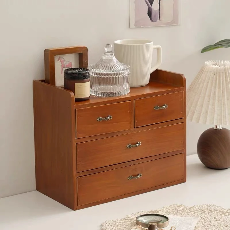 桌面茶杯茶具防尘桌面收纳盒木质复古化妆品收纳柜子置物架四抽屉