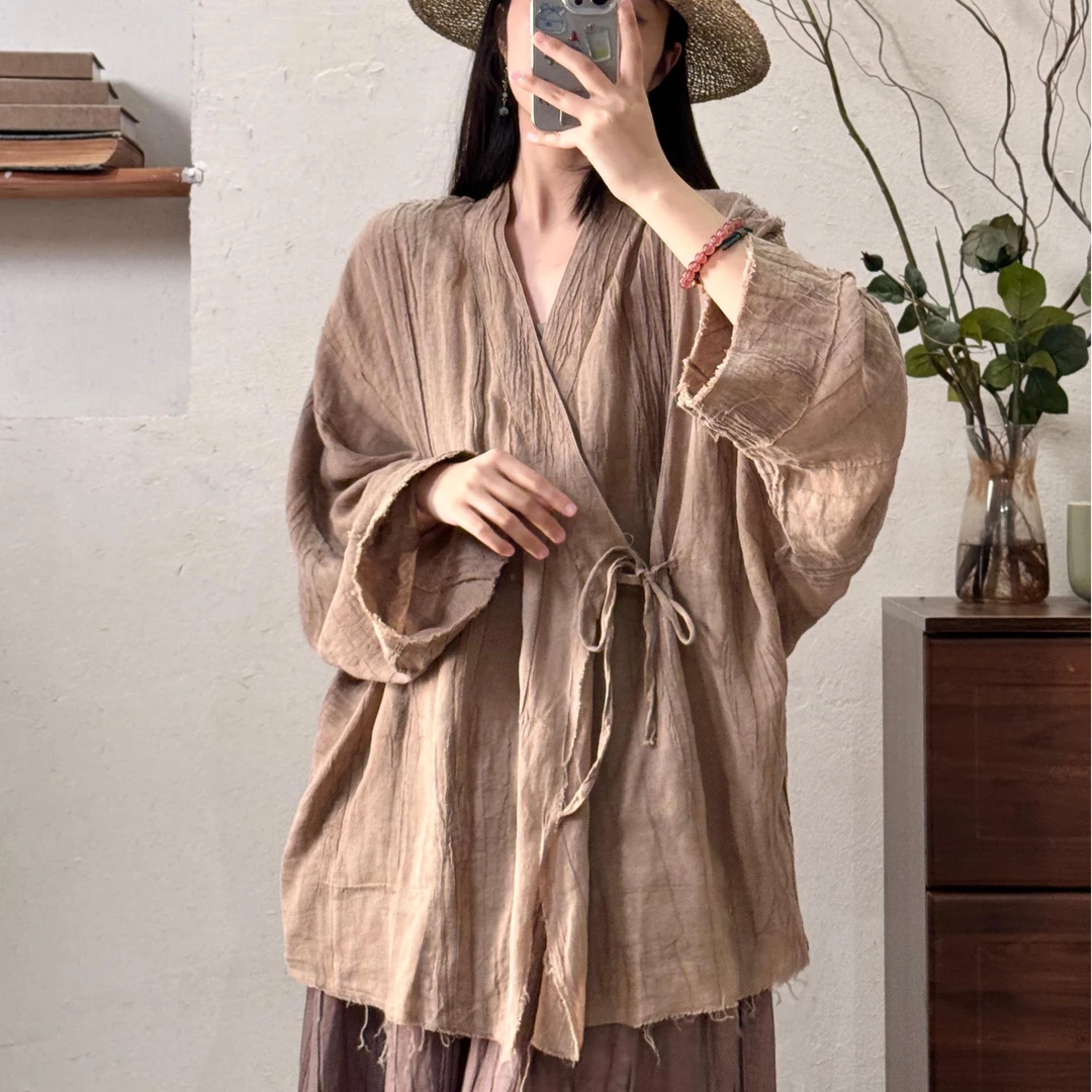 半自由春装女士新款扎染开衫手工拉毛肌理感做旧古风衬衫上衣