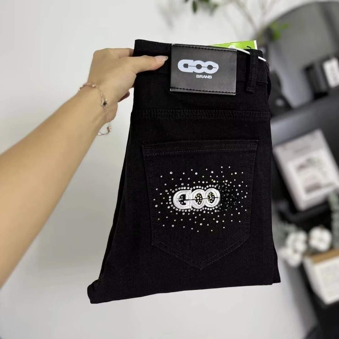 春秋GOOD刺绣字母烫钻潮牌直筒牛仔裤男士潮流痞帅弹力修身长裤男