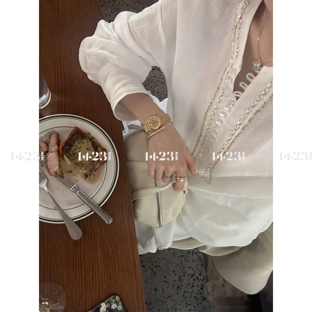1423【南法假日】夏季薄款老钱风宽松慵懒白色长袖衬衫&直筒长裤