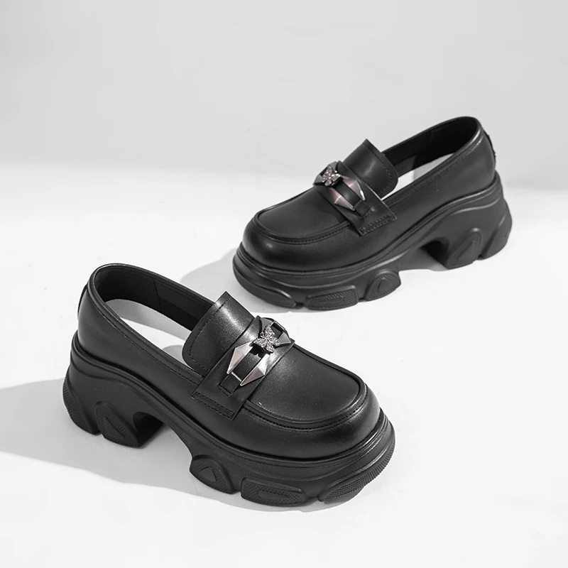 真皮圆头乐福鞋女2024秋季新款松糕底金属扣英伦风一脚蹬 5002