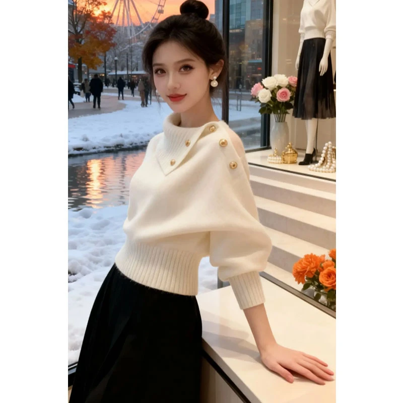 2025新款设计感纽扣装饰显瘦百搭上衣女时尚气质洋气韩系针织衫