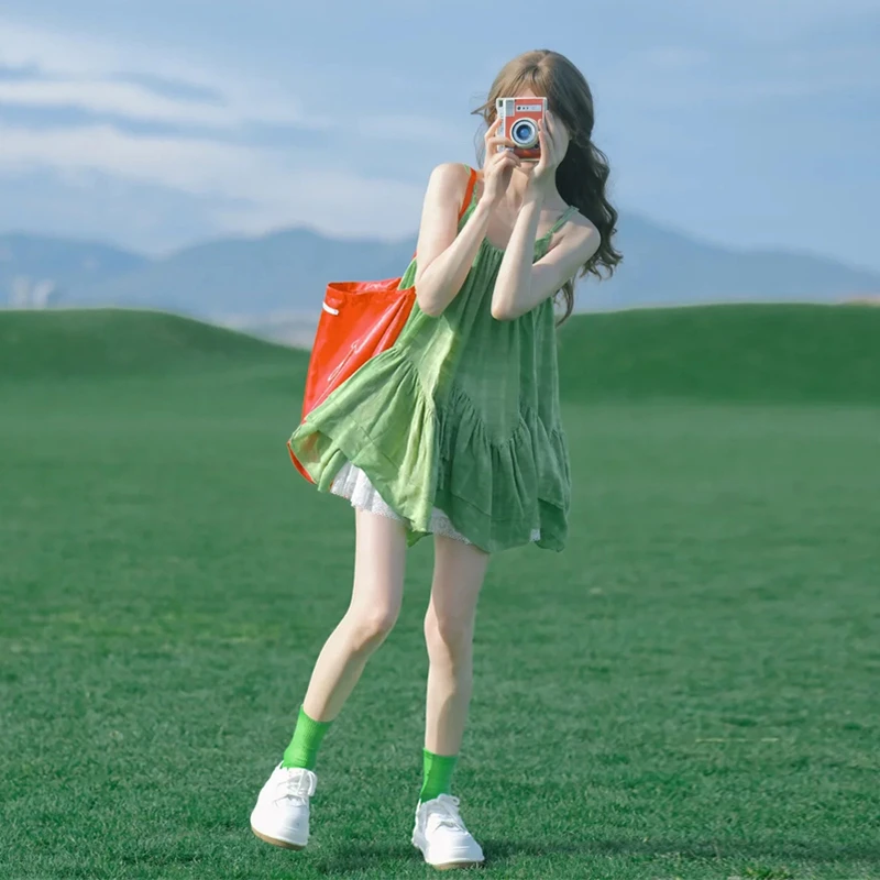 4539绿色格纹外穿吊带背心女夏2025年新款法式荷叶边宽松无袖上衣