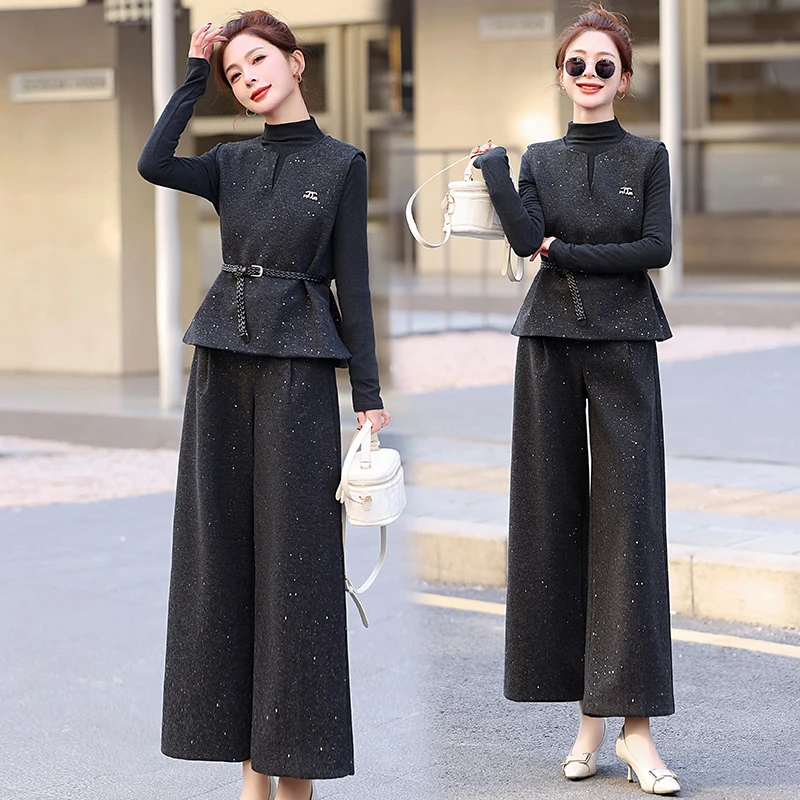 法式小香风亮片马甲套装女2025年春秋新款高级感气质阔腿裤三件套