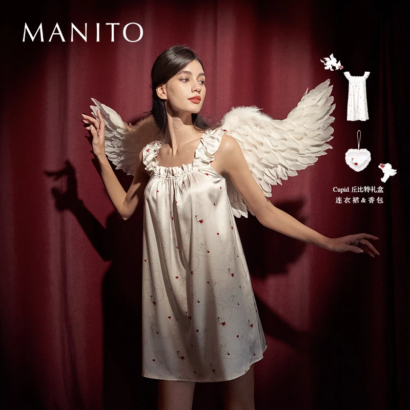 MANITO Cupid丘比特情人节限定桑蚕丝印花连衣裙真丝睡裙