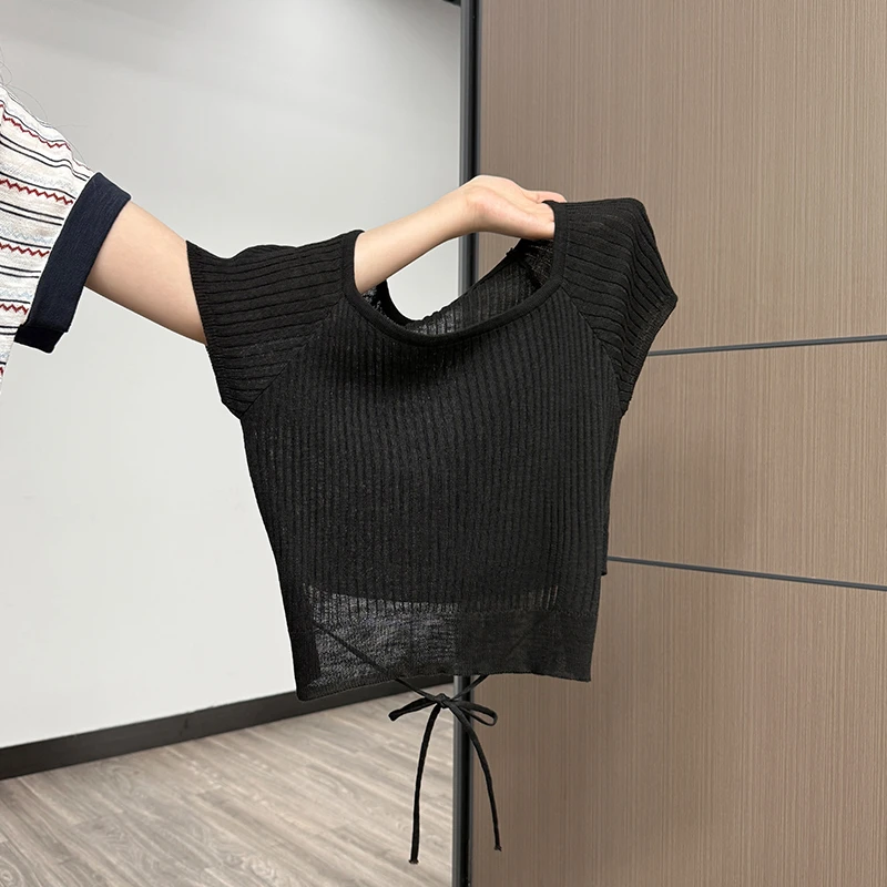 韩系后背露腰方领针织短袖t恤女夏季新款薄款系带甜辣小飞袖上衣