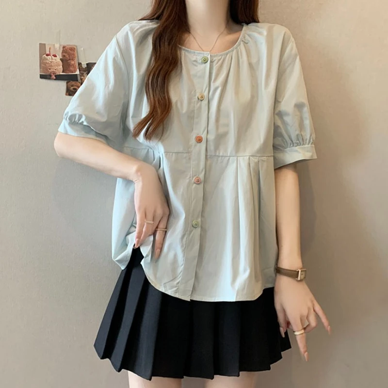 大码遮肚子法式彩扣短袖衬衫女夏季胖MM宽松显瘦百搭洋气减龄上衣