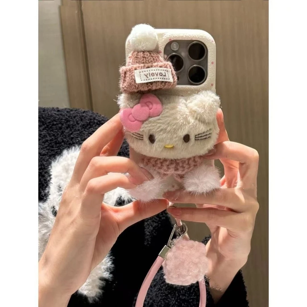 毛绒冬季蝴蝶结凯蒂猫苹果17/16promax皮纹手机壳iPhone15/14/13