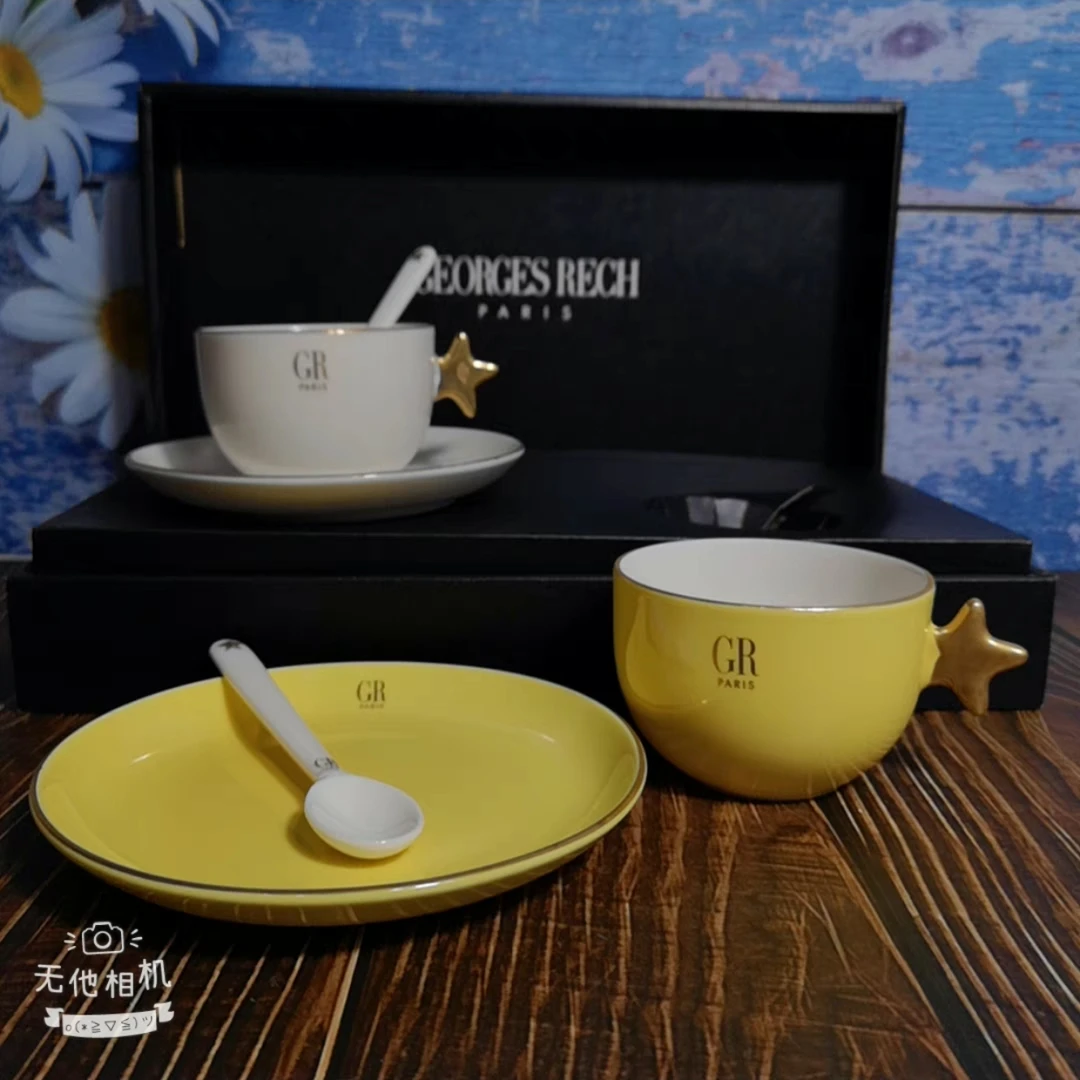 日本日式咖啡杯 GR金边法式星星手柄款小新清 骨瓷杯家用轻奢高档