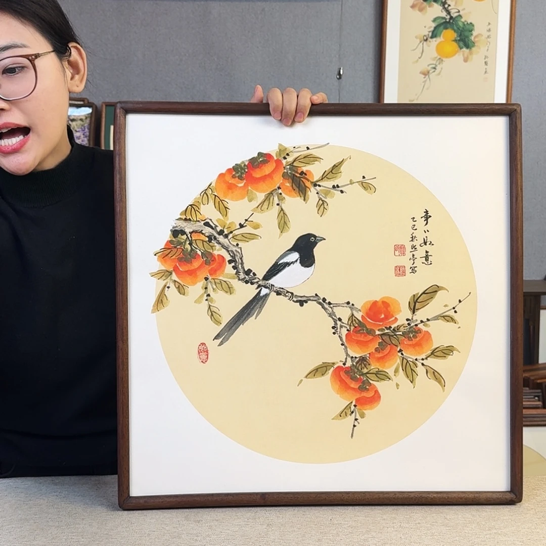 国画纯手绘，纯手写带框尺寸：53×53厘米