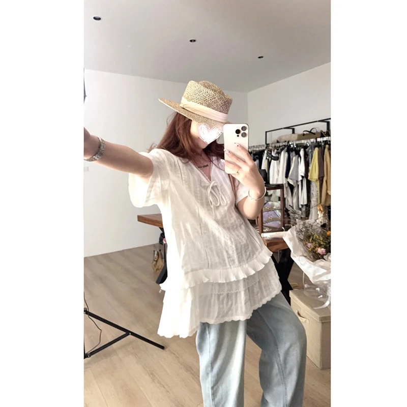 FRVXO“纯欲少女”韩系甜美蝴蝶结蕾丝花边拼接T恤V领上衣