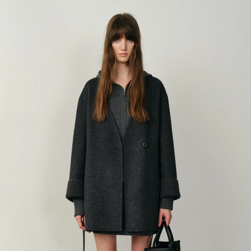 U/TI 围脖款带腰带深灰色高级感拼接针织袖口老钱风一手长大衣