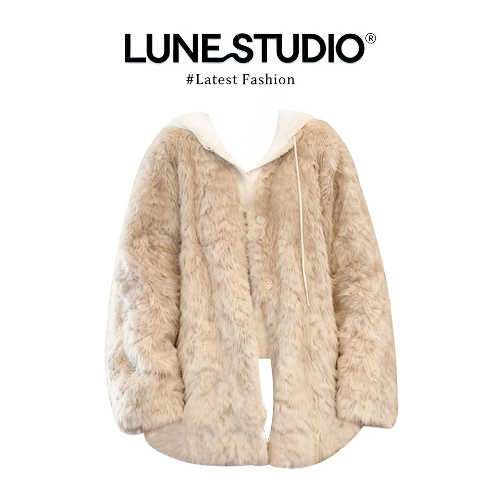 韩系千金风皮毛一体毛绒绒保暖上衣连帽针织衫垂坠感毛绒宽松外套