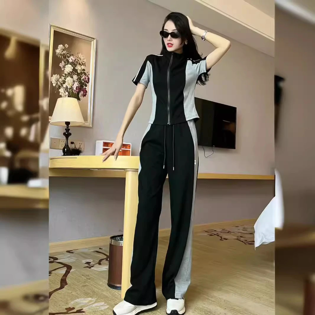 2025新款韩版时尚休闲短袖运动服套装女夏拼色修身显瘦长裤两件套