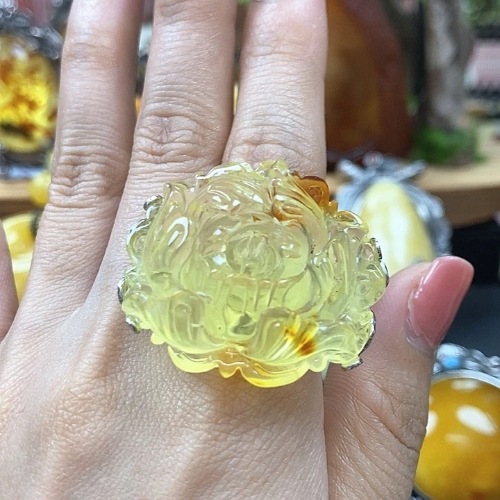 琥珀银S925镶嵌戒指简**慢戒指