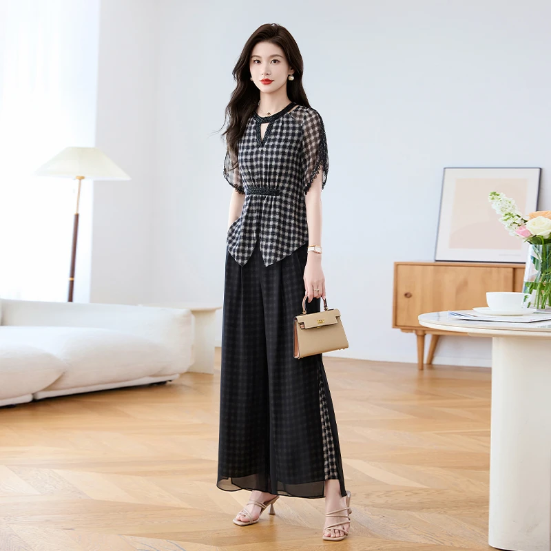 【两件套】洋气贵夫人气质时尚大气休闲格子显瘦格纹套裤小个子妈妈