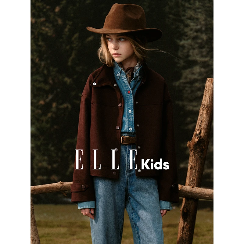 ELLE KIDS 童装仿麂皮绒机车老钱感宽松夹克外套时尚复古翻领Q3