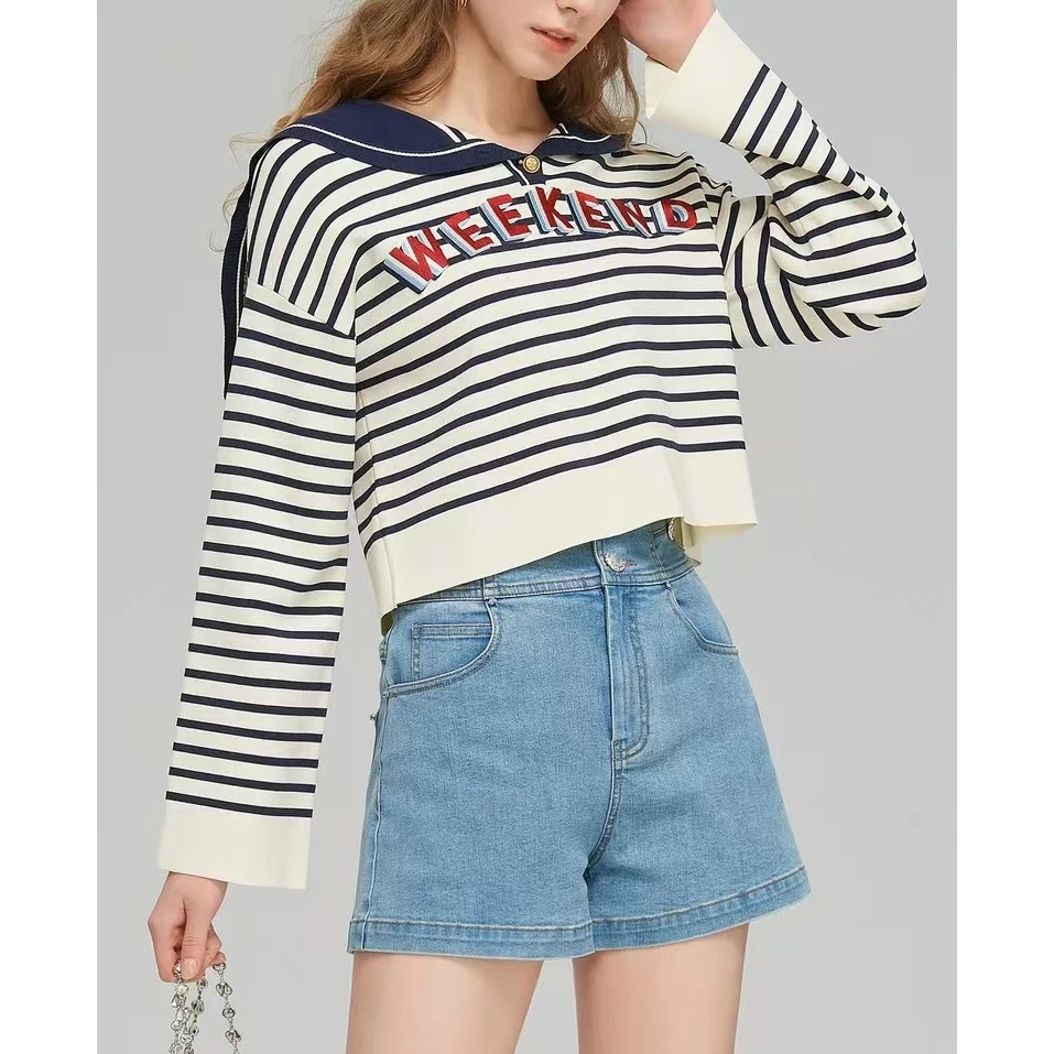 MY274 2024春季新款学院风海军领复古撞色条纹短款针织衫