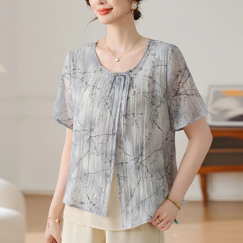 中老年妈妈夏装套装2025新款中年女夏季短袖新中式上衣两件套