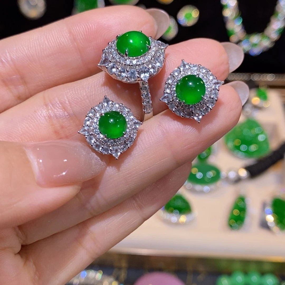 翡翠戒指18K金镶嵌缅甸翡翠戒指套装