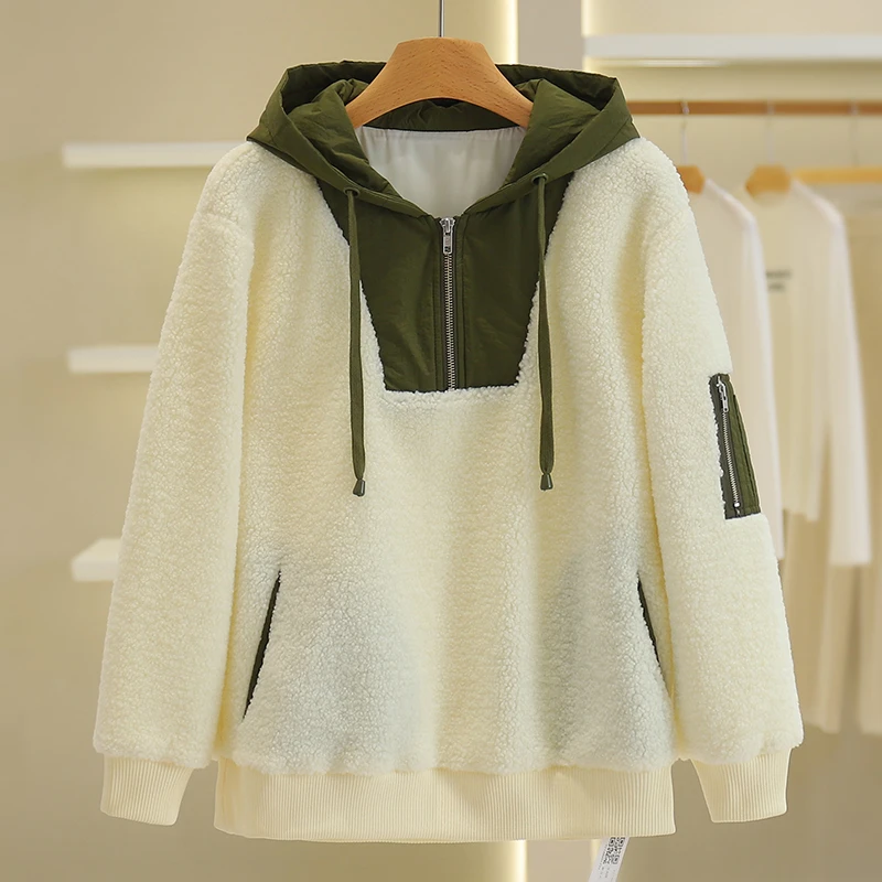 【伍莎-自营】韩版宽松拼接连帽颗粒绒卫衣#YZT48V012