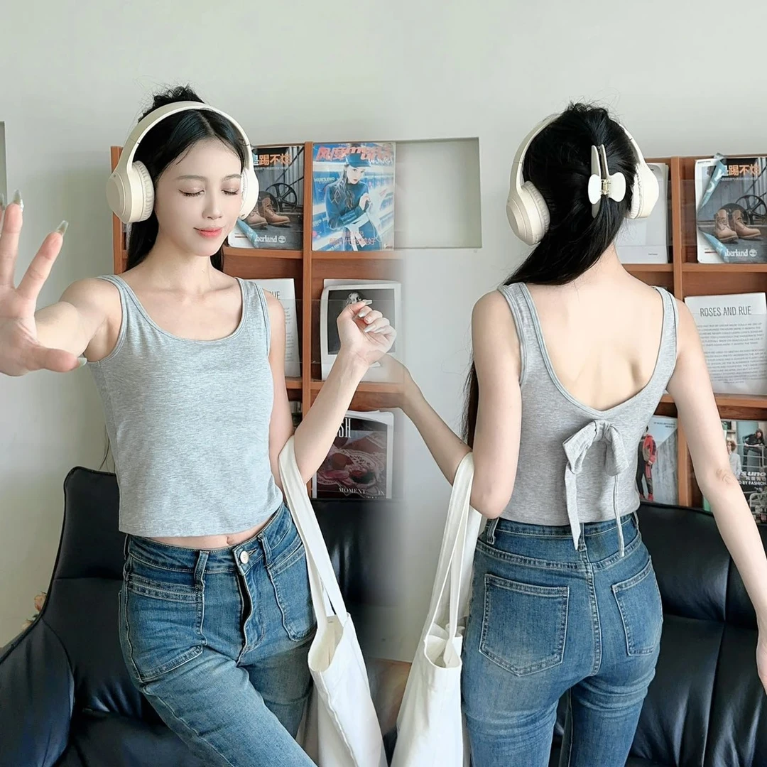 韩系纯欲风夏季带短款胸垫蝴蝶结露背美背吊带背心能外穿内搭通勤