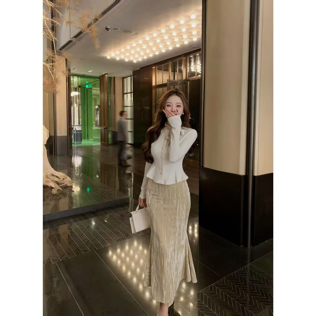 SZA【白色恋歌】冬季新款气质修身开衫上衣高腰半身裙套装A-1451