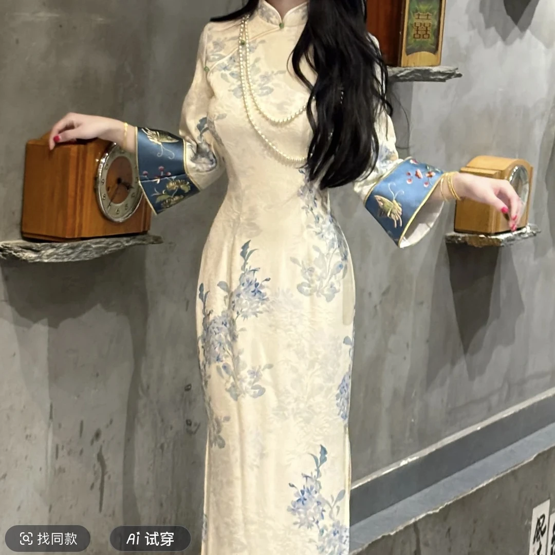 芳姐自制【蓝花瓷】秋冬新中式高级针织提花加绒刺绣改良旗袍连衣裙
