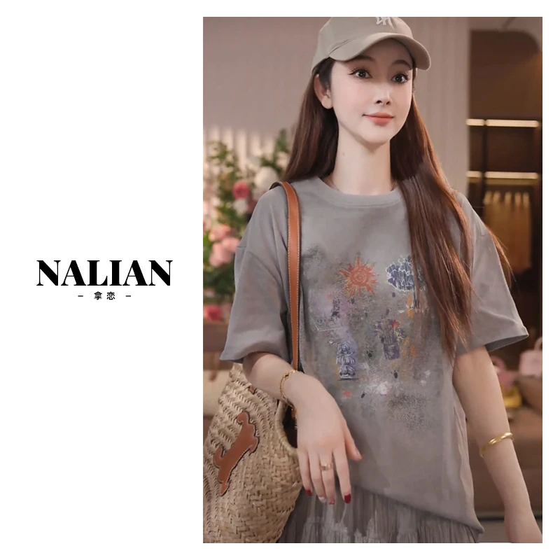 【现货秒发】复古水洗印花正肩纯棉t恤灰色宽松显瘦短袖上衣DZ97910